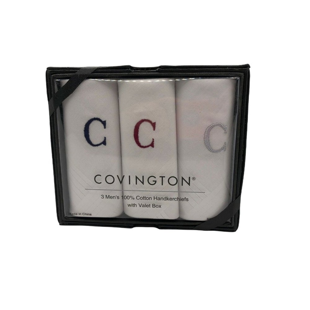 Covington 100% Cotton Set of 3 Handkerchiefs Valet Box Monogrammed C